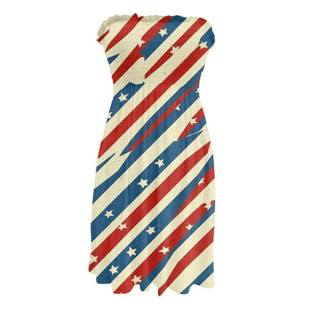 CHCNHAC 4th Of July Sundresses for Women 2025 Stars and Stripes Print Dresses Patriotic Casual Flowy Swing Strapless Tea Party Dress Deep Red L