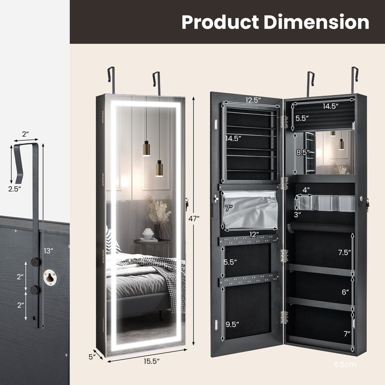 Costway LED Mirror Jewelry Cabinet, Standing Full Length Black
