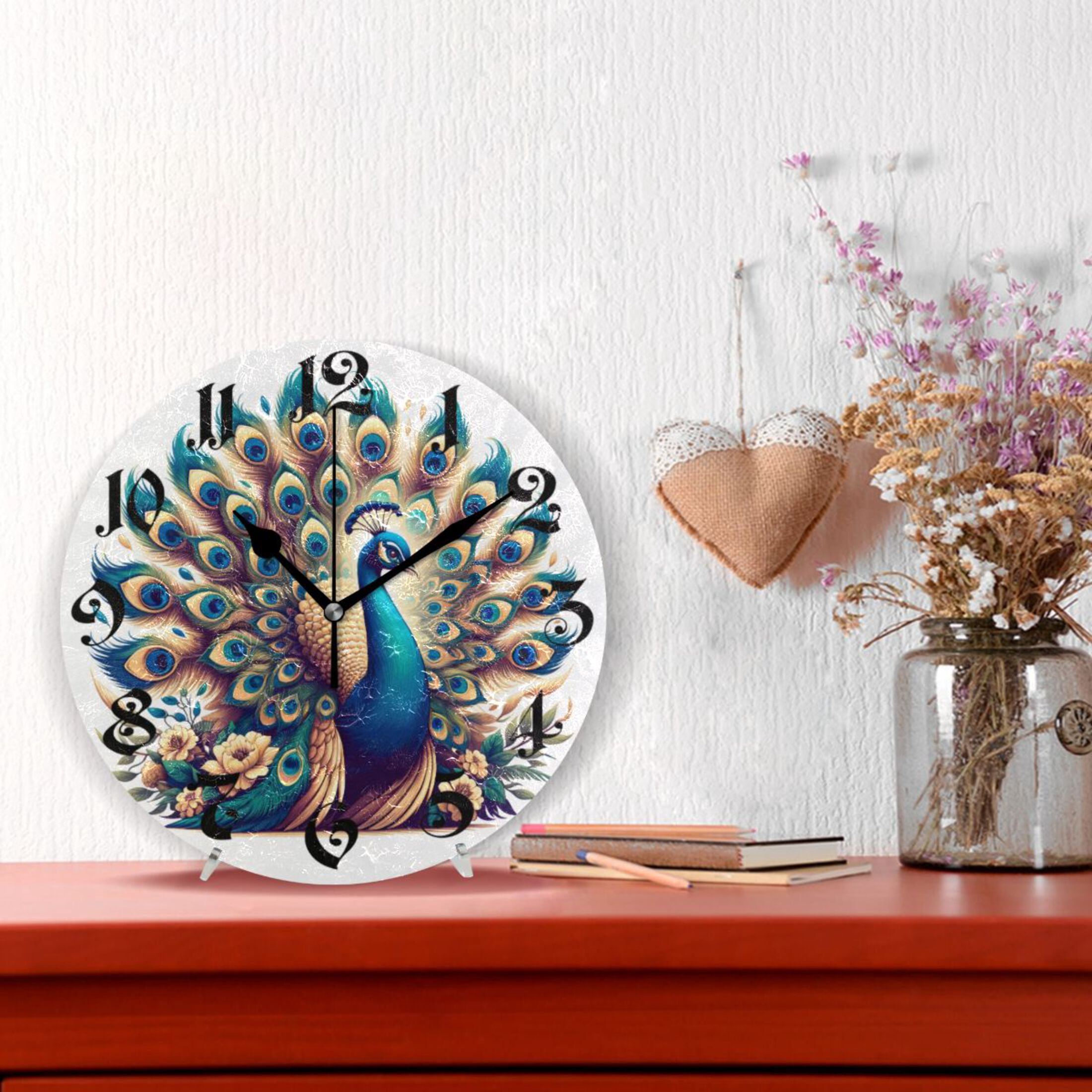 Silent Wall Clock A Beautiful Peacock 10" Non-Ticking Battery Clock Rustic Retro Home Decorative for Living Room Kitchen Bathroom