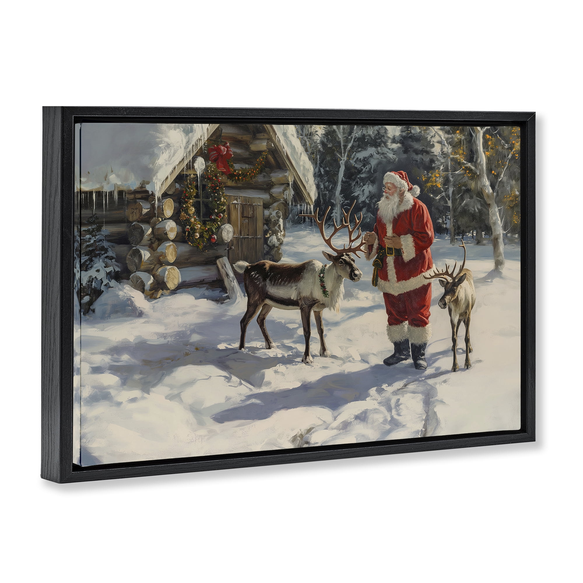 Stupell Industries Santa & Reindeer Scene Holiday Painting Black Floater Framed Canvas Art Prints Wall Art, 31 x 21