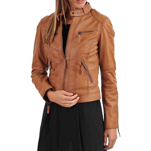 Women's Tan Lambskin Real Leather Stylish Jacket Biker Motorcycle Slim Fit Coat W661
