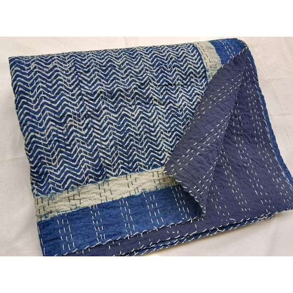 A And E Textiles House Indigo Blue Kantha Indian Handmade cotton Kantha bedspread blue indigo Indian hand indigo dark blue hand block print quilt Bedding Throw