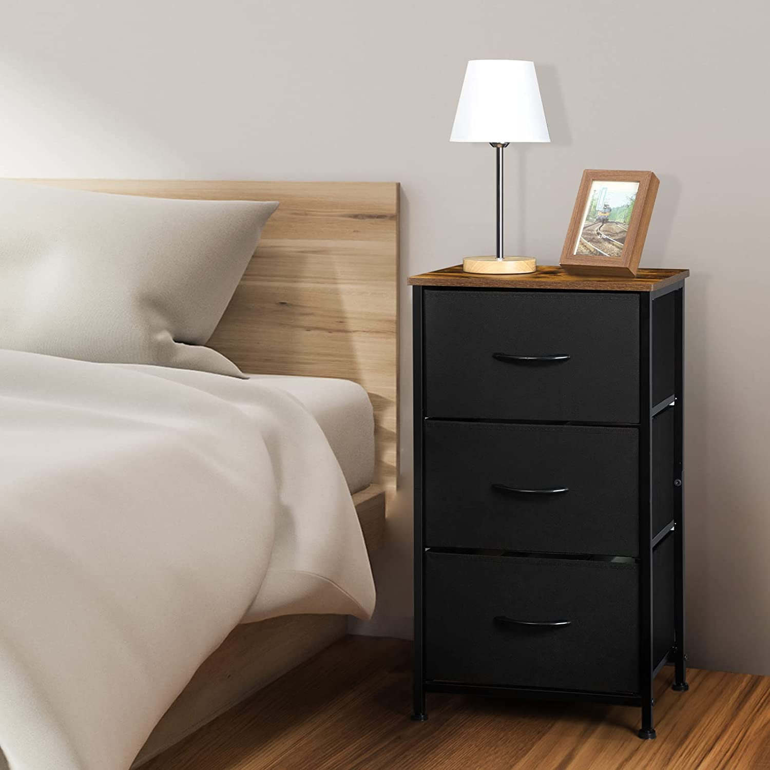 Small Nightstand Dresser, 3 Drawer Fabric Storage Bins Organizer, Black