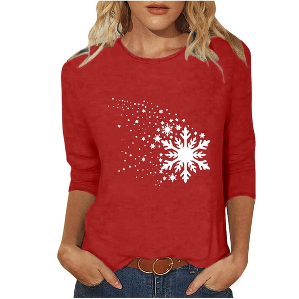 Camisetas de Manga Larga de las Mujeres Imprimir Navidad Cuello Redondo 3/4 Manga Suéter, Top Casual para las Vacaciones
