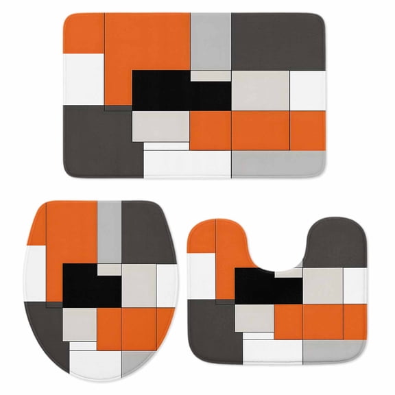 Burnt Orange Black Bath Mat 3 Piece Bathroom Rug Set, Modern Abstract Geometric Non Slip Bath Rug Contour Mat and Toilet Lid Cover, Absorbent Shower Mats Soft Bath Rugs and Mats Sets