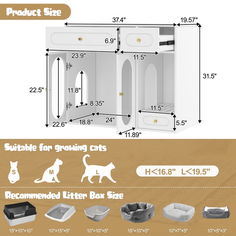 Mirightone Hidden Cat Litter Box Enclosure with Storage Drawer Table, Cat Box Enclosure Furniture with LED Light & Acrylic Doors, Indoor Pet House for Living Room & Entryway, White