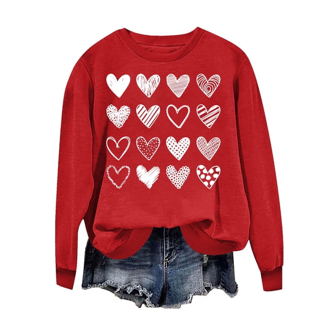 Penkiiy Chandail en Molleton Imprimé Cœur pour Femmes Manches Longues Col Rond Décontracté Ample Vintage Amour Graphique Chandail TG Rouge