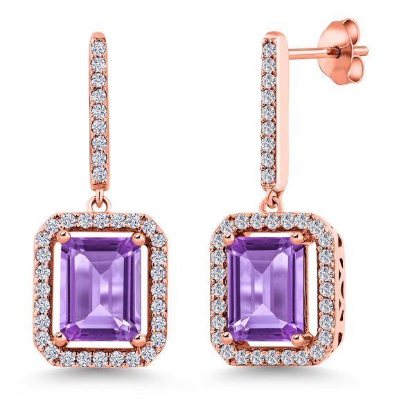 Gem Stone King 5.96 Ct Emerald Cut Purple Amethyst 18K Rose Gold Plated Silver Earrings