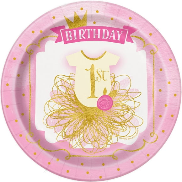 9" Pink and Gold Girls First Birthday Party Plates, 8ct