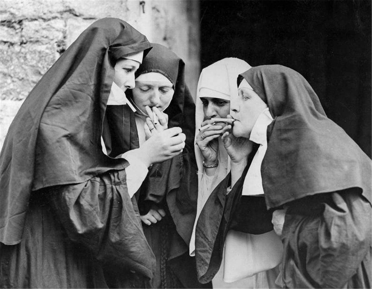 Wall Art Print Canvas Painting Black White Nuns Smoking Posters Abstract  Artwork Wall Picture Home Decor for Living Room With Inner Frame 