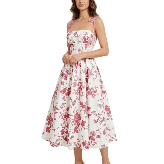 WRKEKC Floral Dress for Women Vintage Floral Print Adjustable Spaghetti Strap Dress Soft Breathable Fabric Chic