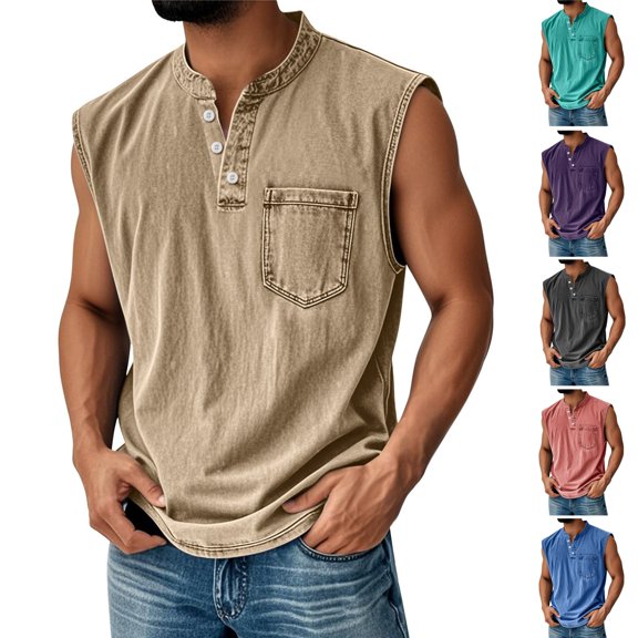 HAJWOH Mens Tank Tops Casual Workout Loose Fit Henley Shirts Lightweight Muscle Sleeveless Tee Shirts with Pockets