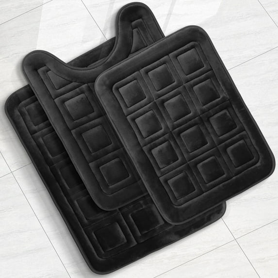 Ultra Soft Non Slip and Absorbent Bathroom Rug 3 Piece Memory Foam Bath Mat Rug Set, Black Waffle Design