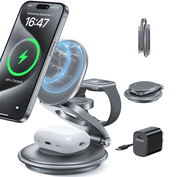 Magnetic Wireless Charger for Apple Devices - Foldable 3 in 1 Fast Charging Station for iPhone 17 16 15 14 13 12 Pro/Max/Plus/Mini, AirPods Pro/3/2, iWatch 9/8/7/6/SE/5/4/3/2(Grey)