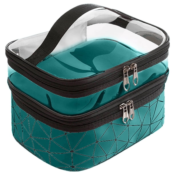 Bolsa de maquillaje, bolsa organizadora de maquillaje grande de cuero de doble capa, accesorios de viaje, bolsa de aseo esencial para dormitorio para mujeres, bolsa de cosméticos Travel Essentials,