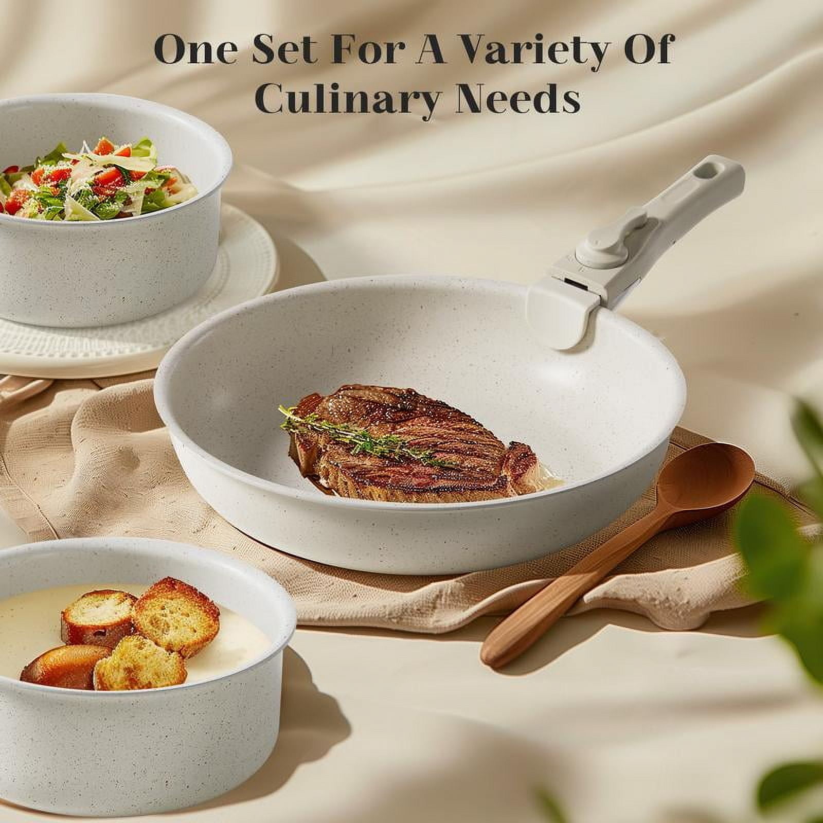 【Deal】12-Piece Nonstick Pots and Pans Set - Kitchen Cookware with Removable Handles - Ideal for Home Cooking, Cream White
