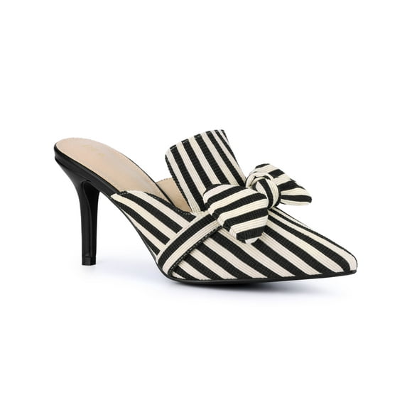 BLISSFUL STEP Bow Stripe Pointed Toe Stiletto Heel Mules for Women Black 8