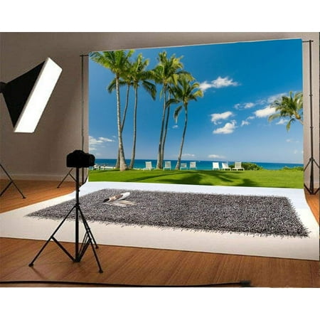Image of ABPHOTO 7x5ft Photography Backdrop Seaside Beach Chair Coconut Tree Green Grass Lawn Blue Sky White Cloud Nature Travel Photo Background Backdrops