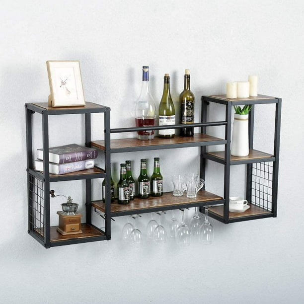 Industrial Hanging Wine Rack Wall Mounted with 5 Stem glass Holder