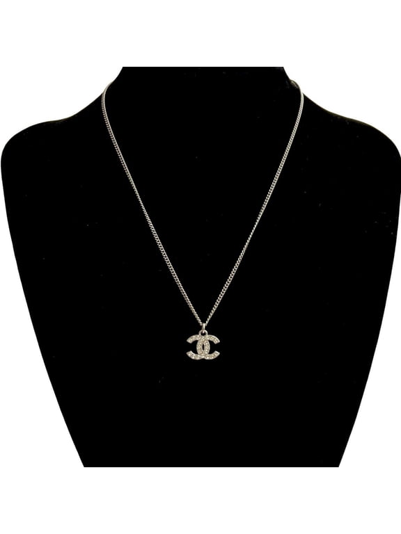 Pre-Owned CHANEL Coco Mark Metal Rhinestone Chain Necklace Pendant in Silver 57614 (Good)