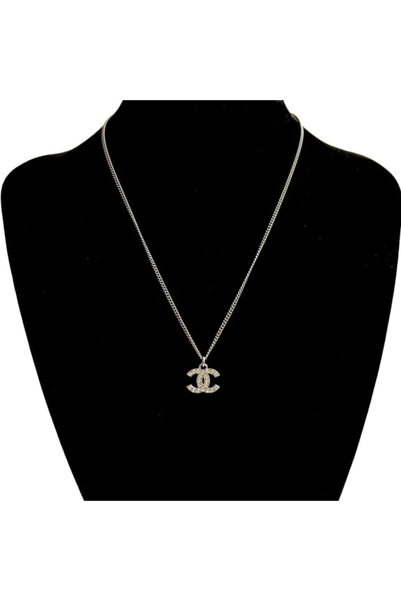 Pre-Owned CHANEL Coco Mark Metal Rhinestone Chain Necklace Pendant in Silver 57614 (Good)