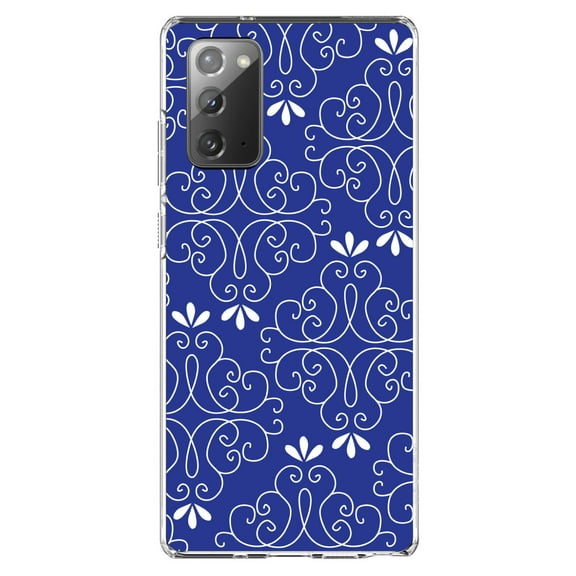 DistinctInk Clear Shockproof Hybrid Case for Samsung Galaxy Note 20 (6.7" Screen) - TPU Bumper, Acrylic Back, Tempered Glass Screen Protector - Dark Blue White Floral