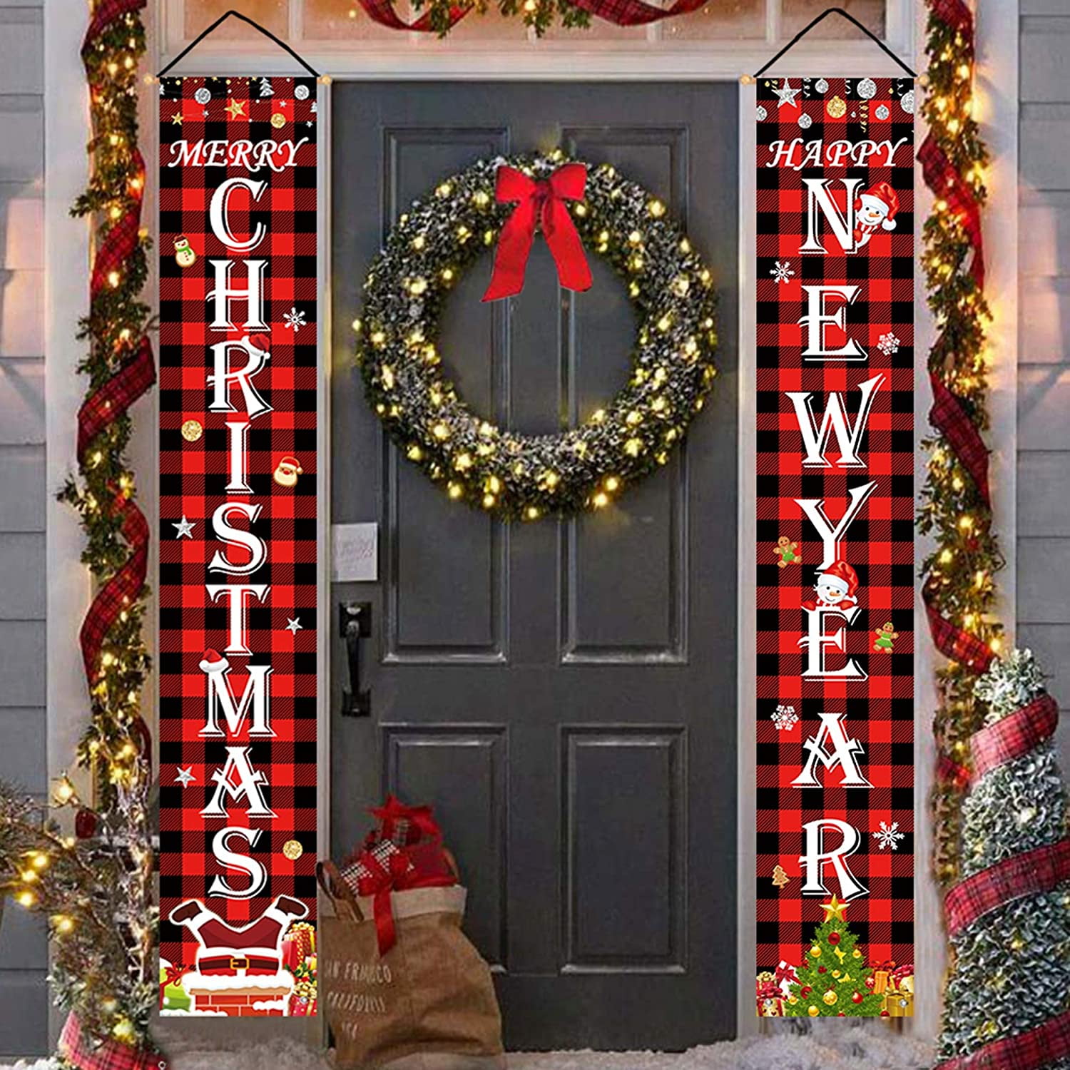 Merry Christmas Door Banner Plaid Christmas Porch Sign Outside Xmas Front Door Decorations Outdoor 
