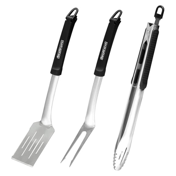 Grilling Utensil Set 3 Piece - Stainless Steel BBQ Tools - 16 Inch Grill Spatula, Tongs, and Fork - Heavy Duty Kitchen Accessories for Outdoor Cooking