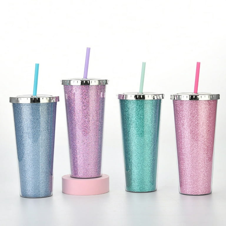 George Summer 700ml Reusable Plastic Cup with Lid and Straw Cold Drink Cup with Straw Clear Cup Double Layer Plastic Large Capacity Straw Cup Creative