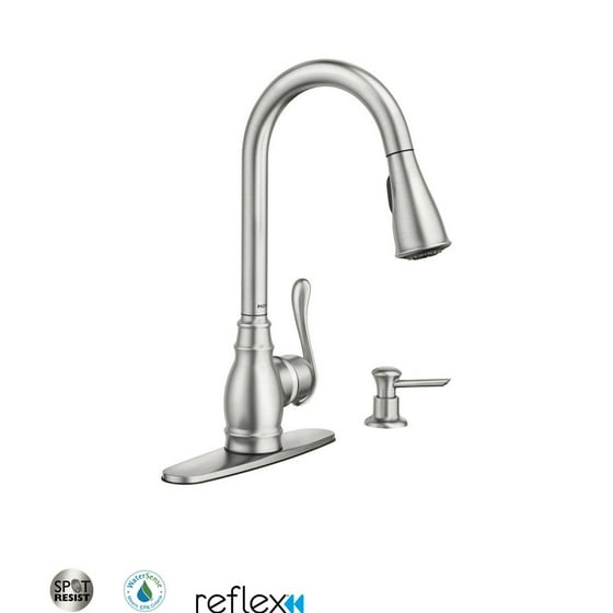 Moen Ca87003 Single Handle Kitchen Faucet With Pullout Spray And Moen Ca87003 Single Handle Kitchen Faucet With Pullout Spray And Soap Dispenser From The Anabelle Collection Com