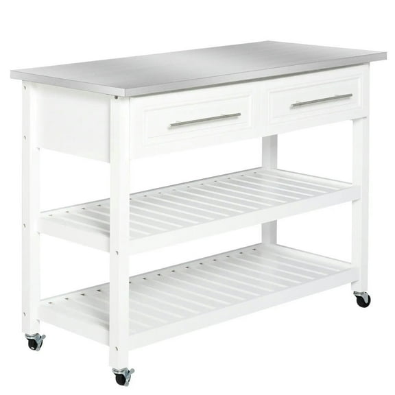 Resenkos Kitchen Cart, Kitchen Island Cart,Traditional Kitchen Island with Storage, 2-Tier Open Shelves, Drawers, Gray