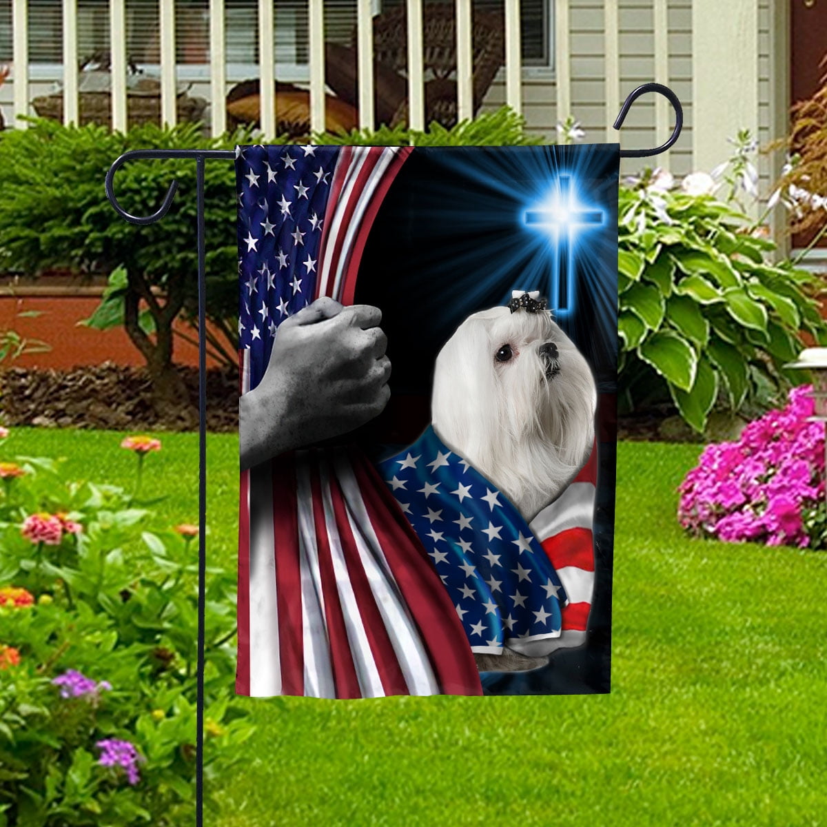 Hand Pulling USA Flag Maltese Dog Wearing Flag American Standing under Cross Christian Patriotic House Flag (3x5) Double Sided- Premium Polyester-Decorative Indoor Outdoor Flag