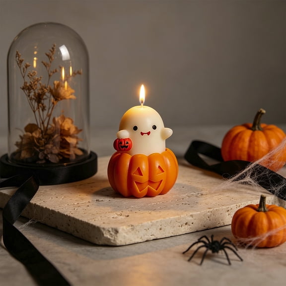 Halloween Pumpkin Cauldron Ghost Candle Chamomile Scented Soy Wax, Spooky Cute Pumpkin Cauldron Shape Aromatherapy Candle, Natural Soy Wax Gift for Home Relaxation Fall Party Decor
