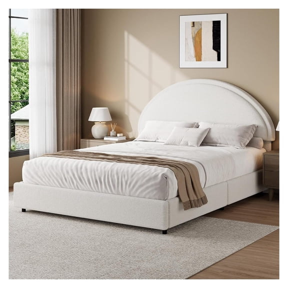 Queen Bed Frame Boucle Upholstered Platform Bed White Rounded Corners Soft Headboard No Box Spring Required Easy Assembly