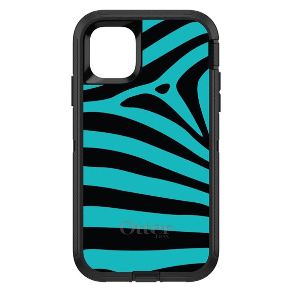 DistinctInk OtterBox Defender Custom Case for Apple iPhone 15 (6.1" Screen) - Teal Black Zebra Stripes - Slim Profile Design