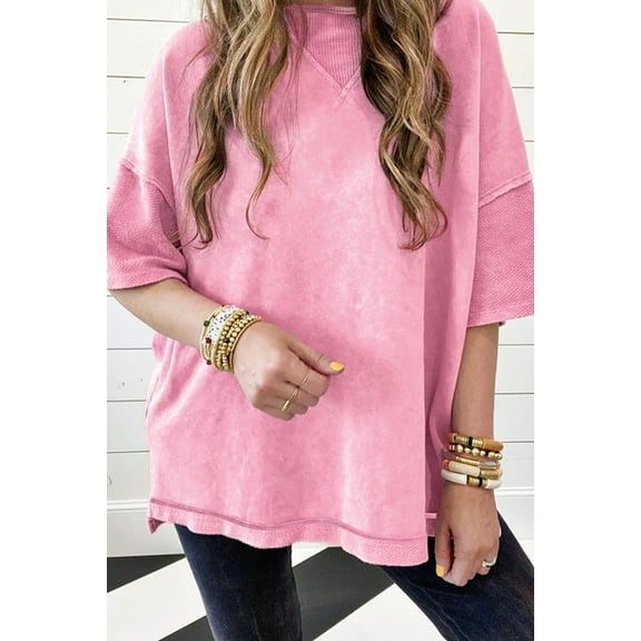 Plusashion VINTAGE MINERAL WASH DROP SHOULDER Oversized Tee - Casual Round Neck in Strawberry Pink