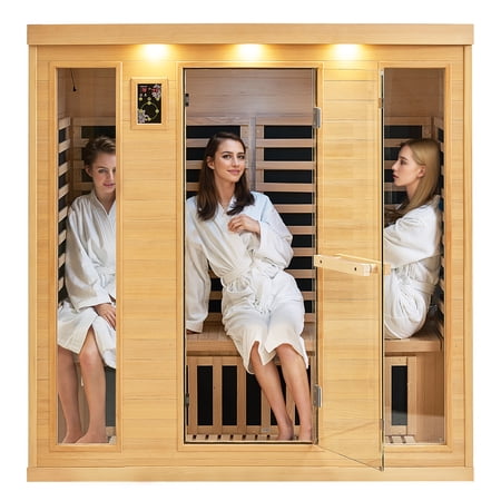 SKYSHALO Infrared Sauna for Home, Accommodates 3-4 People, Crafted from Hemlock Wood with Low EMF, Features Tempered Glass Door, Bluetooth Speakers & Color Therapy Lighting, 2580W for Indoor Use