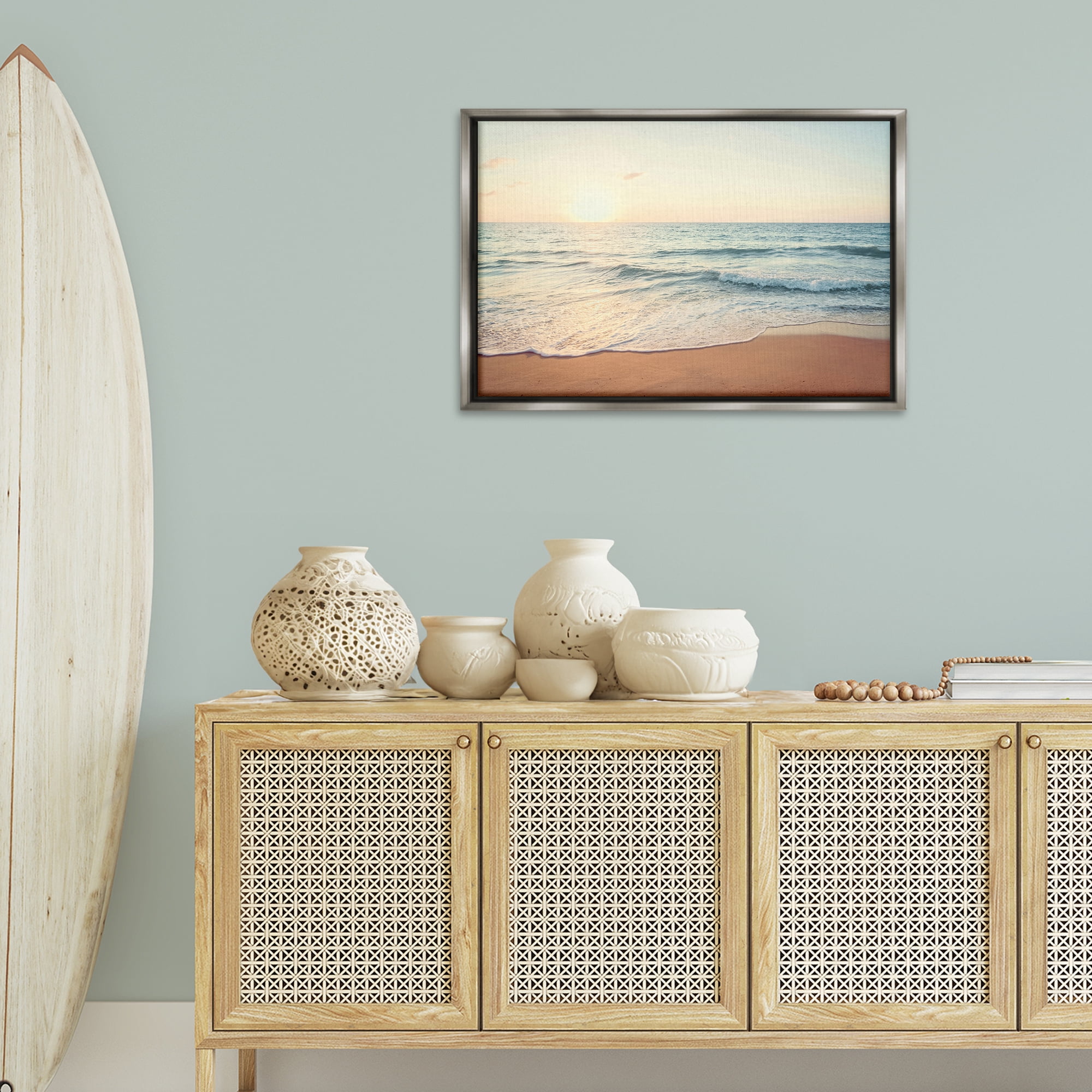 Stupell Industries Rolling Tide Beach Landscape & Nature Photography Gray Floater Framed Canvas Art Print Wall Art, 31 x 21