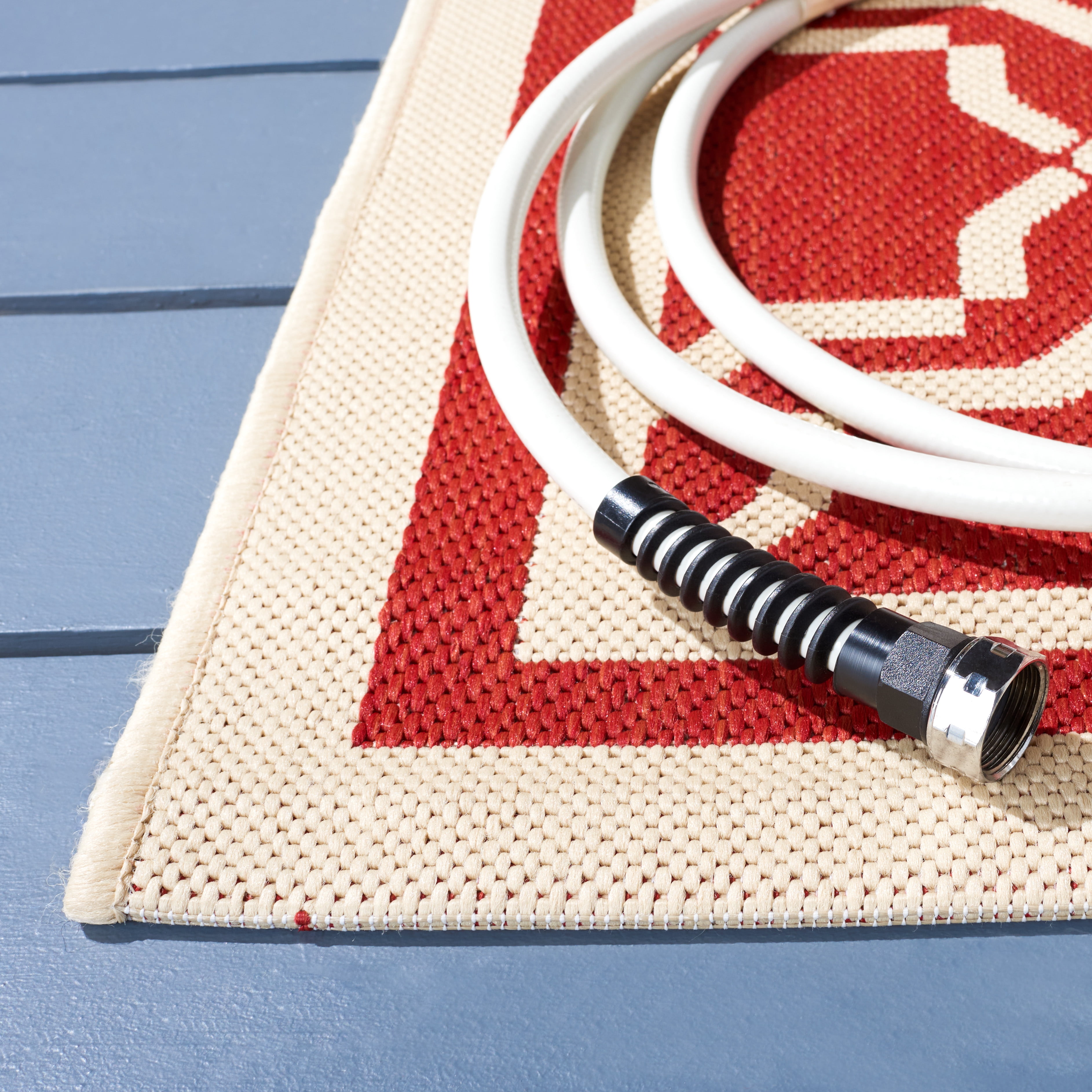 SAFAVIEH Courtyard Allison Geometric Bordered Indoor/Outdoor Runner Rug, 2'3" x 8', Red/Bone