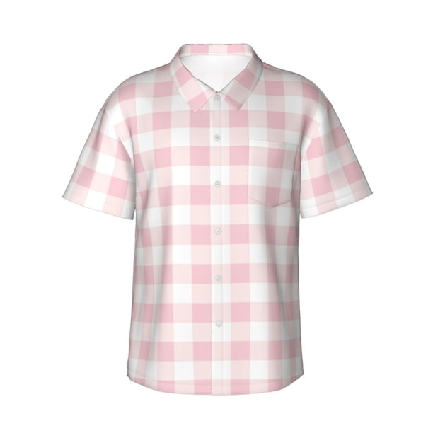 Fotbe Pink Checkboard Camisa Hawaiana para Hombre Unisex – Camisa Casual de Verano con Botones de Manga Corta de Algodón y Lino,Large