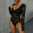 thumbnail image 6 of Oplxuo Long Sleeve Bodysuits for Women Floral Lace Sexy Deep V Neck Sheer Mesh Bodysuit Tops See Through Leotards, 6 of 7