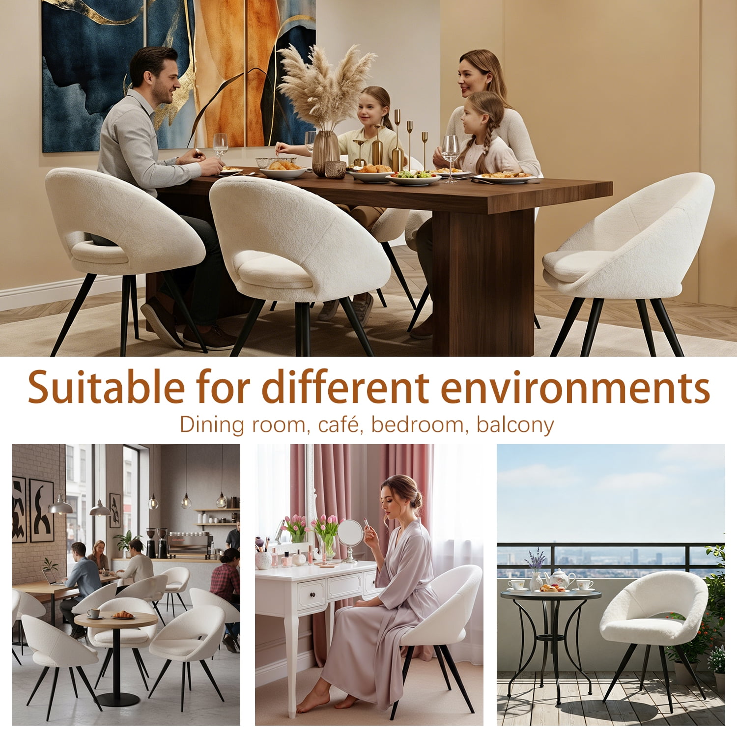 Modern Dining Chairs set of 6 Upholstered Kitchen Chairs Dining Room Chairs Comfortable Side Accent Chairs with Curved Back for Kitchen Living Room Restaurant (White)