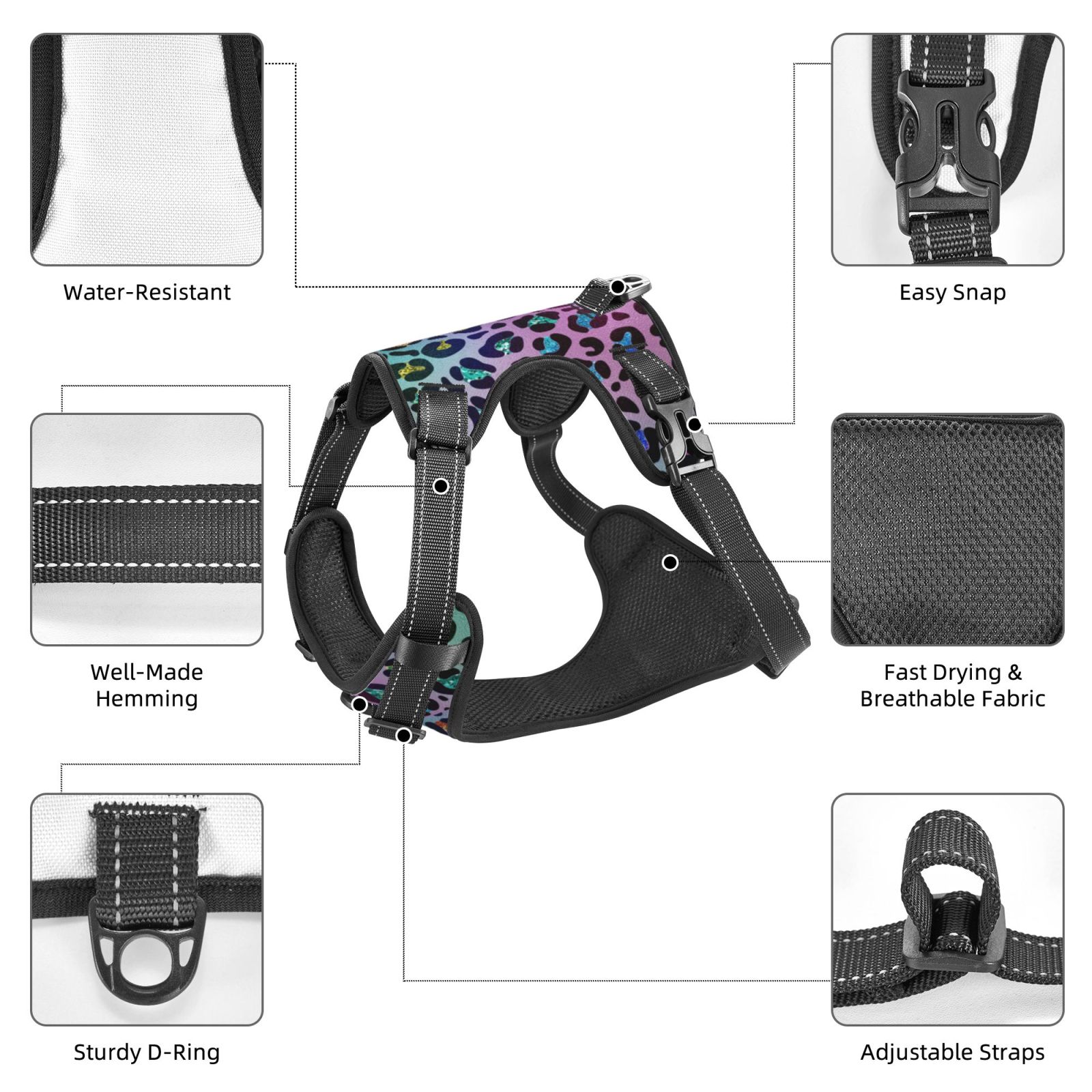 Fuzoiu Rainbow Animal Skin Print Reflective Dog Harness,Adjustable, Breathable Pet Vest,Dog Harness No Pull,No Choke Pet Vest for Small, Medium, and Large Dogs-Large