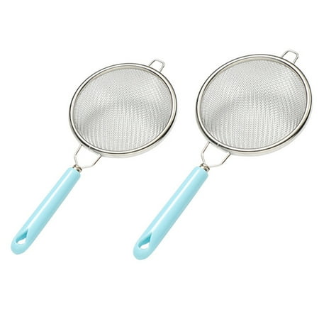 HEMOTON 2pcs Stainless Steel Strainer Filter Mesh Sieves Strainer Colander Kitchen Gadget for Home (Small + Large Silver + Blue)