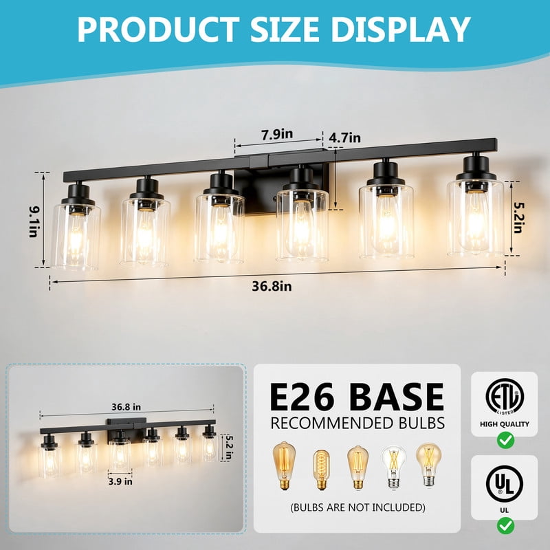HKMGT 6-Light Bathroom Vanity Light, Black Wall Sconce with Clear Glass Shade E26 Base, Anti-Rust Up/Down Mount for Bathroom, Bedroom