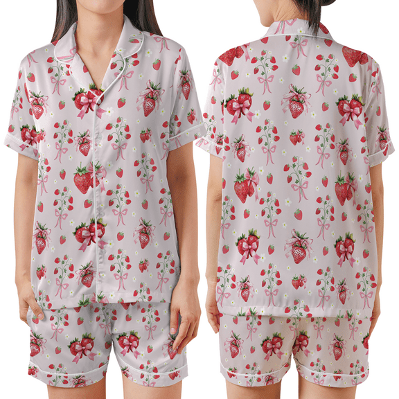 Strawberry Bow Satin Pajama Set – Cute Strawberry Print Sleepwear, Girly Pink Satin Loungewear, Perfect for Valentine’s, Christmas & Birthday Gifts