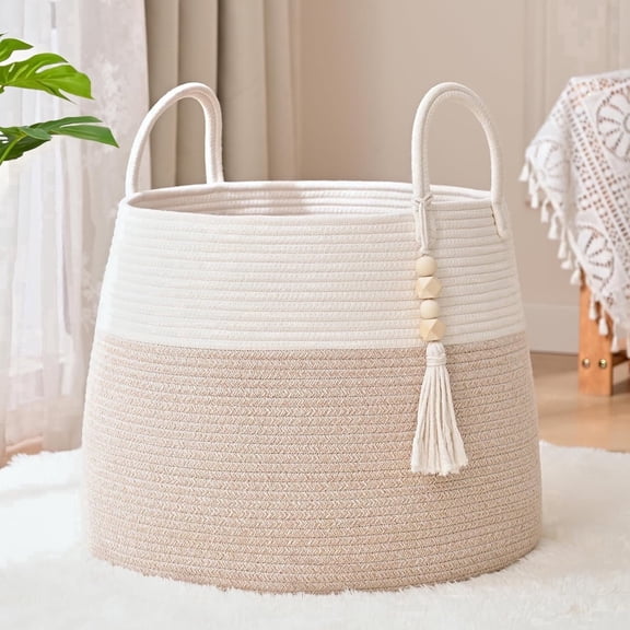 NatuBeau 60L Cotton Rope Laundry Hamper, Tapered Anti-Tip Storage Basket with Wood Bead Tassel, Foldable Boho Organizer for Nursery Bedroom Bathroom, Beige 18"x14"