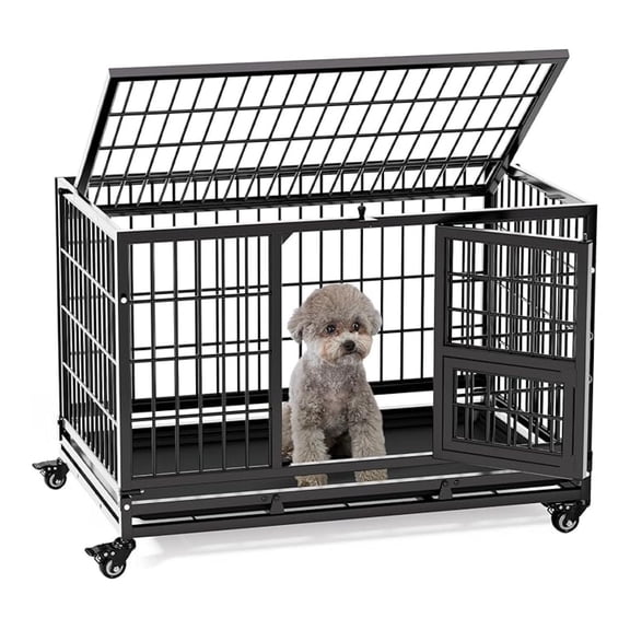32 Inch Heavy Duty Dog Crate with Wheels, Folding Metal Dog Cage for Puppy/Small and Medium Dogs, Indestructible Dog Crate with Removable Tray (Black)