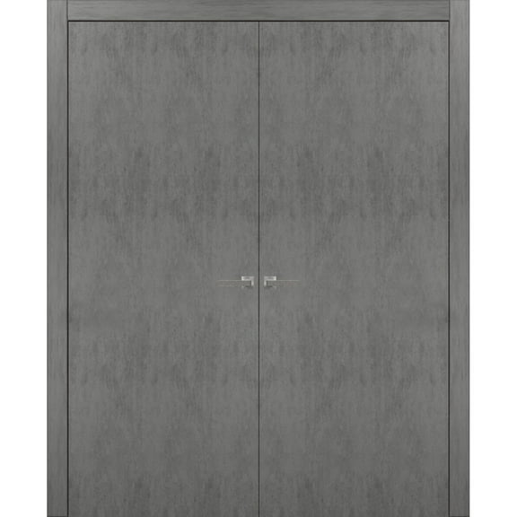 Solid French Double Doors | Planum 0010 Concrete | Wood Solid Panel Frame Trims | Closet Bedroom Sturdy Doors