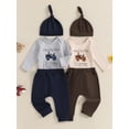 thumbnail image 3 of Baby Toddler Boys Spring Outfits 1 3 6 Months Letter Tractors Embroidery Long Sleeve Rompers Pants Hat 3Pcs Clothes Set, 3 of 9